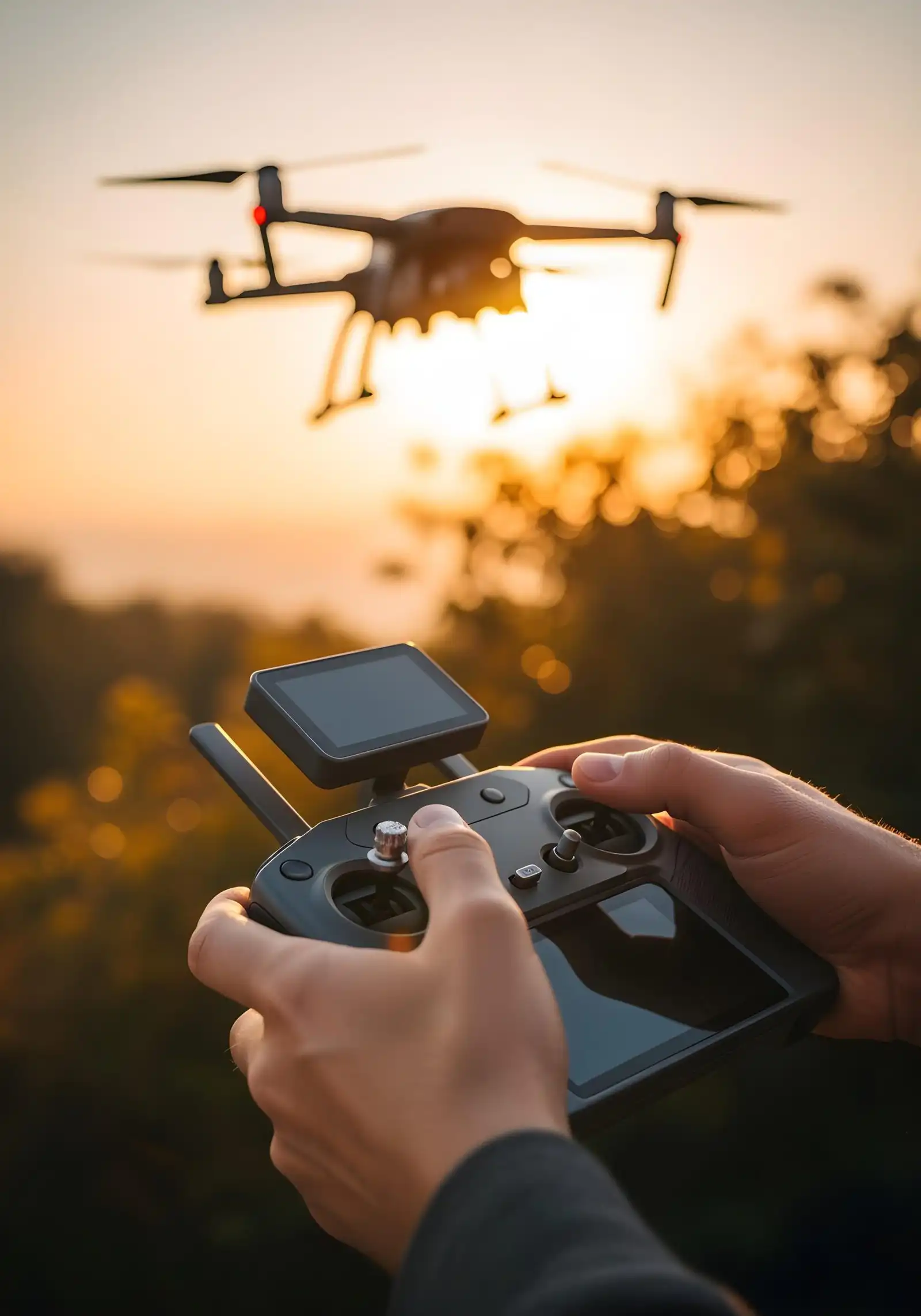 drone flying sunset remote control hands scaled